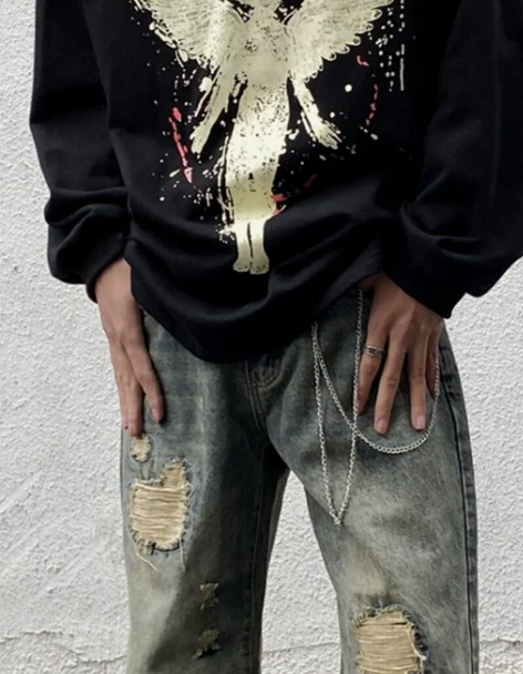 破洞牛仔裤 水洗破洞牛仔裤复古补丁男