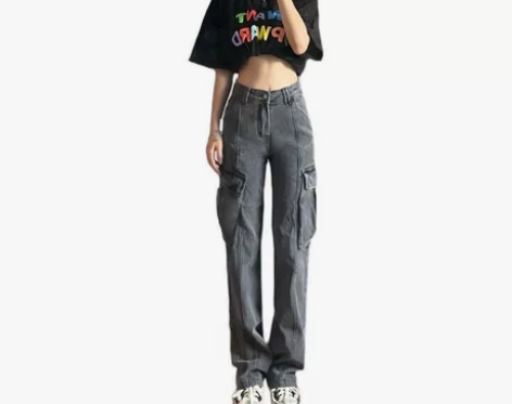 复古水洗灰色大口袋工装牛仔裤女美式高街嘻哈...