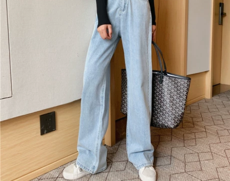 蓝色宽松显瘦胯大腿粗大码高腰拖地直筒裤浅色...