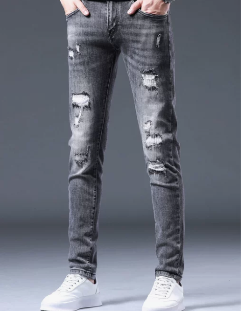 高端假破洞秋季牛仔裤男士破洞烟灰色修身小脚...