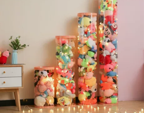 娃娃收纳桶箱筐柱毛绒玩具透明圆柱玩偶公仔收...