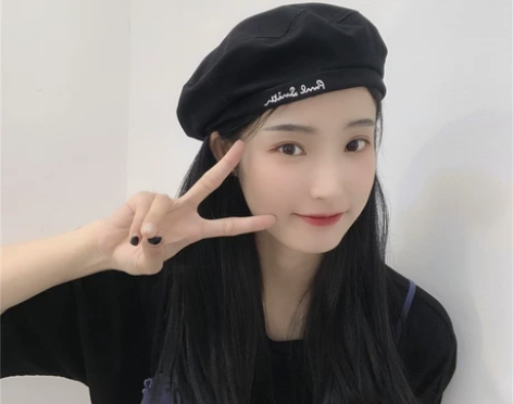 日系黑色字母刺绣贝雷帽女夏季薄款英伦复古画...