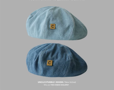 画家帽日系复古牛仔贝雷帽女生韩版百搭 牛仔...