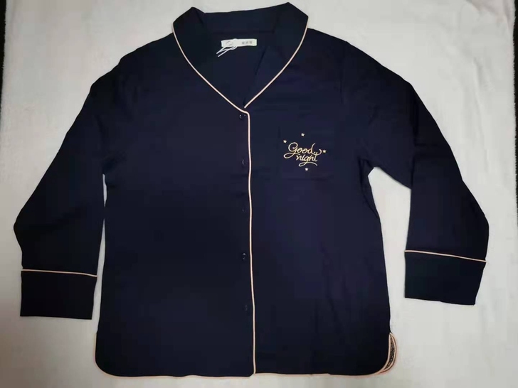 阪织屋丝光全棉素色刺绣女士长袖开衫套装，内...