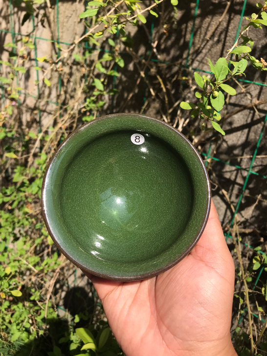 精品柴烧建盏帝王绿大官帽主人杯