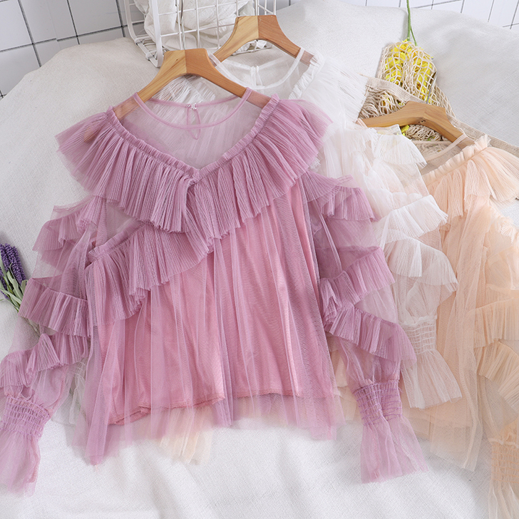 1179网纱蕾丝衫chic秋季薄款荷叶边露...