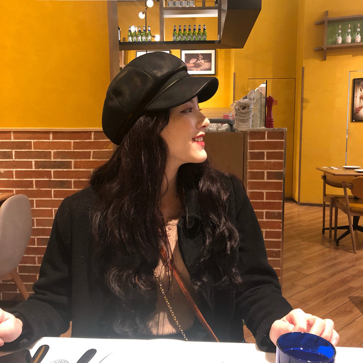 黑色网红pu皮质八角帽子女鸭舌英伦韩版潮秋...