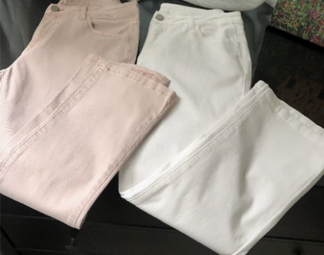 春夏配搭色，弹力牛仔，白色七分微喇牛仔裤女...