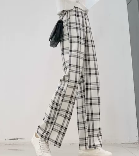 坠感格子阔腿裤女春秋显瘦百搭韩版高腰垂感宽...