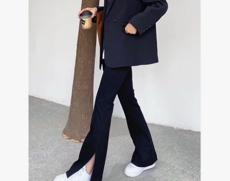 黑色开叉微喇叭裤女春秋高腰显瘦垂感西装阔腿...