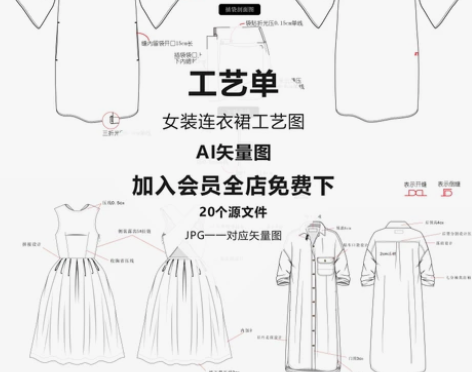 女装工艺单设计模板ai矢量图连衣裙正反面款...