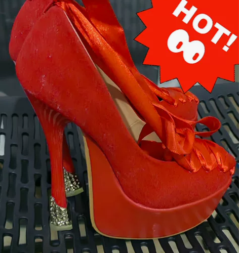 红色新娘绑带14cm超高跟鞋中空防水台高跟...