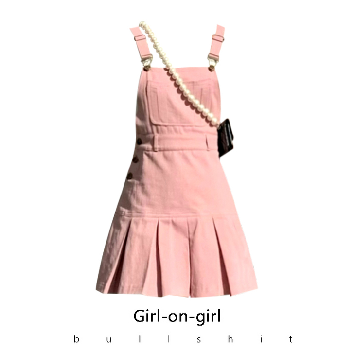 一空/嗲嗲夏日女友 粉色爱心铜扣百褶背带裙...