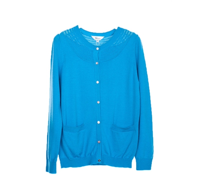 白领 深湖兰羊毛圆领镂空长袖开衫 WOO...