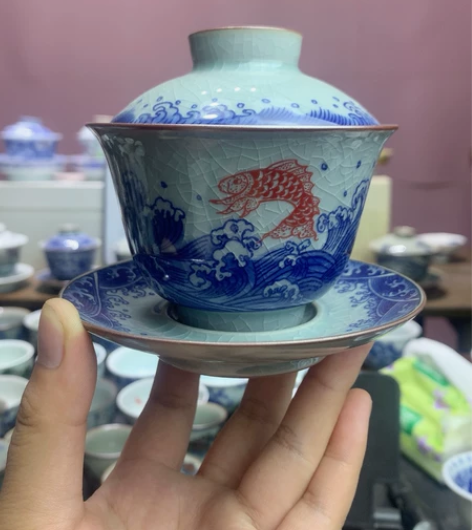 老陶泥青花釉里红盖碗 鱼跃龙门寓意非常好送...