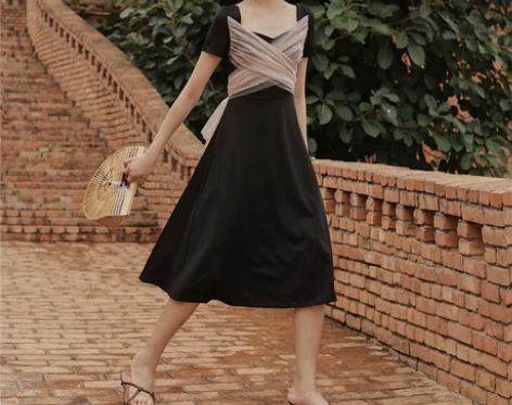 法式复古赫本风小黑裙夏桔梗智熏纱蝴蝶结连衣...