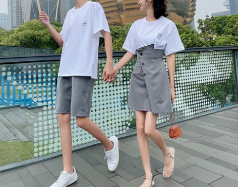 情侣装夏装小众设计感短袖T恤男女连衣裙两件...