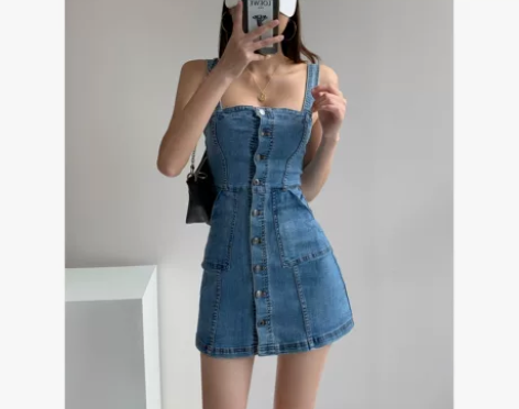 欧美风ins复古牛仔连衣裙女夏显瘦背带裙性...