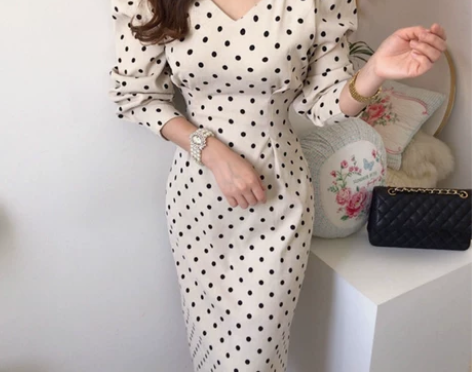 韩国ins法式优雅小波点v领系带蝴蝶结收腰...