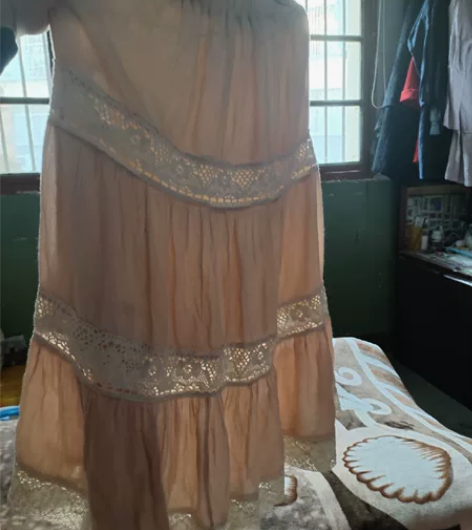 粉肉色A字半身裙，女中长款，夏季新款，百褶...