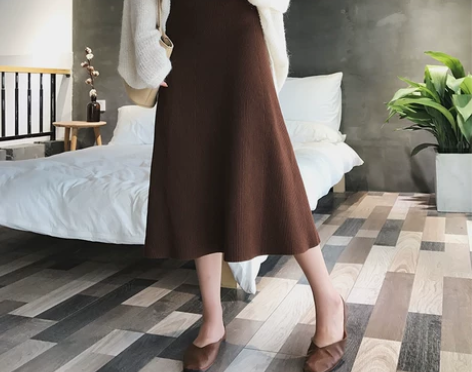 针织半身裙女大码秋冬新款韩版高腰中长款百褶...