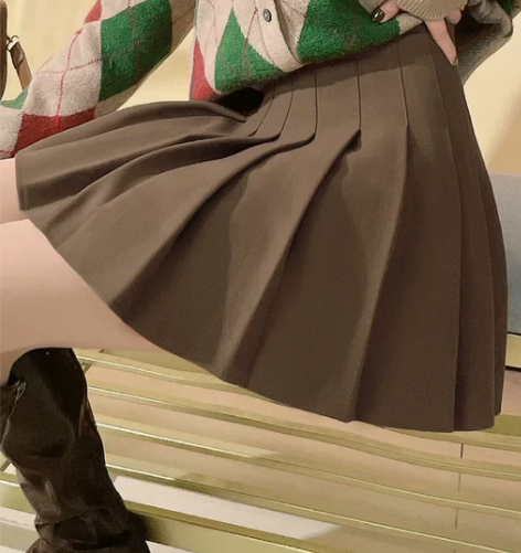 百褶裙 百褶裙短裙棕色秋冬半身裙小个子毛呢...