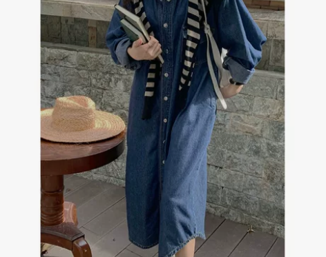牛仔连衣裙女装秋季宽松韩版中长款裙子长袖衬...
