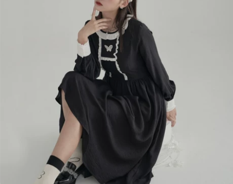 【花崎鹿】暗黑风格设计感黑色连衣裙日系少女...