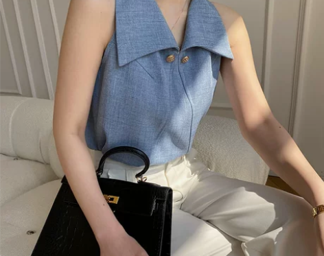 【55价】露肩无袖衬衫女夏复古气质翻领上衣...