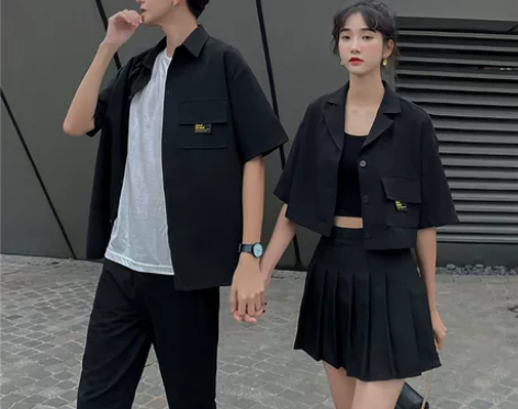 情侣装夏装ins超火港风短袖衬衫高级感女装学生小众百褶短裙...