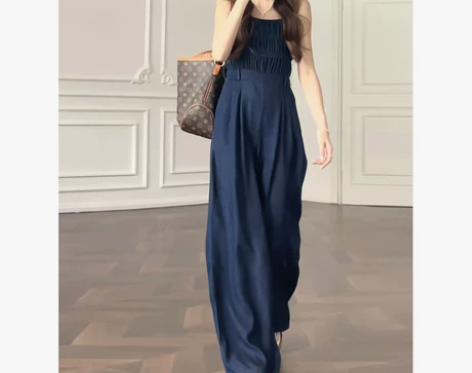 蓝色连体裤女2022夏季褶皱韩版减龄洋气复...
