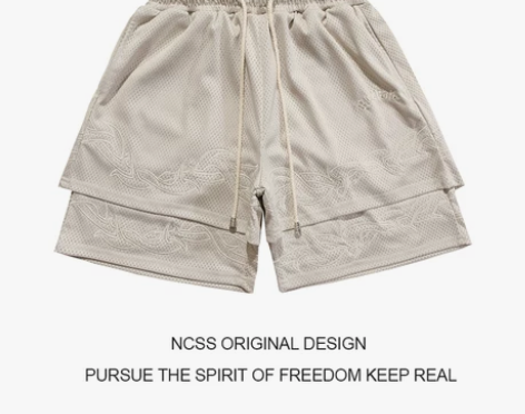 ncss线上 街头刺绣双层短裤男复古美式篮...