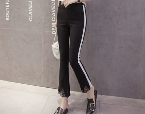 侧边条纹微喇叭九分裤女夏季2017新款韩版...