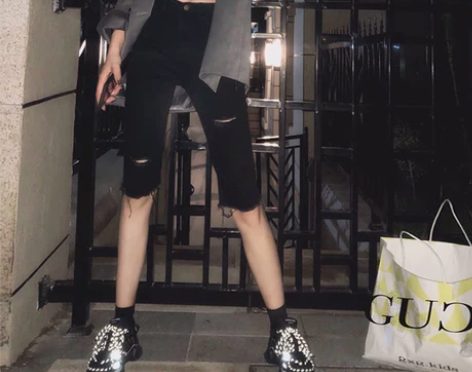 五分牛仔裤女夏高腰弹力中裤紧身显瘦超火in...