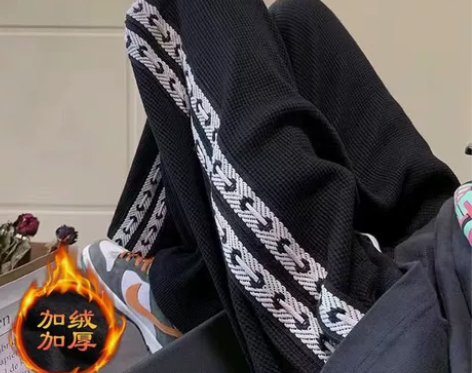 高街华夫格裤子男士秋季潮牌卫裤宽松直筒阔腿...