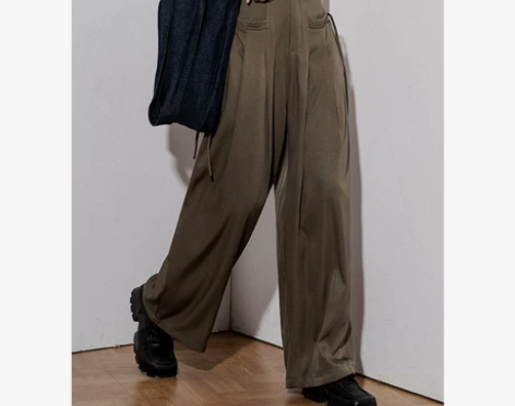 设计感阔腿休闲裤女西裤复古慵懒飘带拼接松紧...