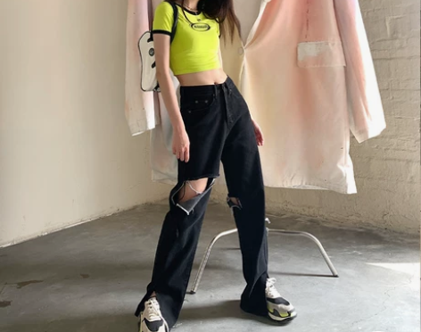 春季2022新款破洞牛仔裤女宽松辣妹阔腿高...