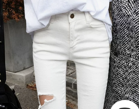 九分牛仔裤女破洞高腰小脚裤米白色2020春...