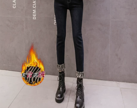 2021春季新款豹纹加绒牛仔裤女高腰紧身弹...