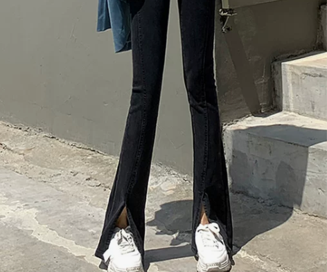 裤子黑色开叉牛仔裤女春秋2021新款超高腰...