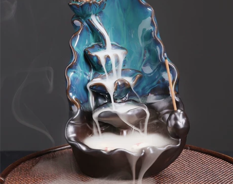 陶瓷荷花回流瀑布香炉创意蓝莲花倒流香薰炉家...