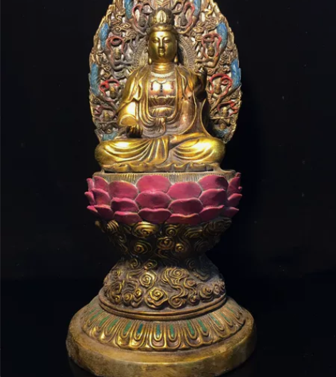 民国时期老纯铜彩绘鎏金带背光观音菩萨佛像 ...