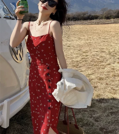 南瓜谷 浮世红与黑~红色连衣裙女春夏气质收...