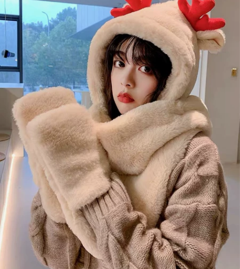 冬天女保暖圣诞小鹿围巾帽子一体连帽可爱围脖...