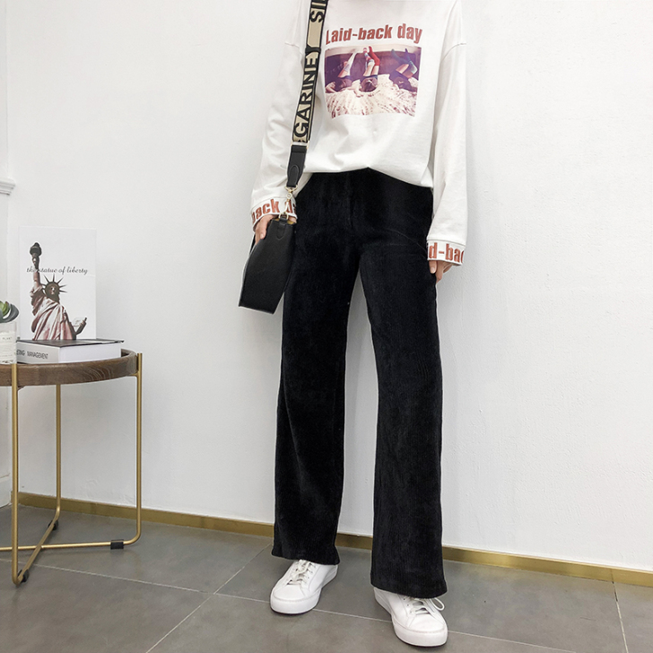 K姐自制 灯芯绒阔腿裤 复古气质纯色松紧腰...