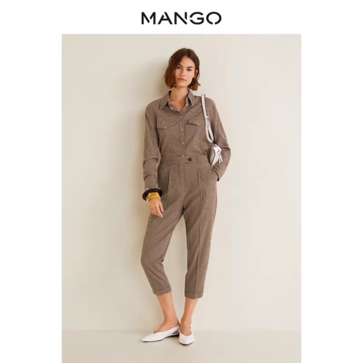 MANGO女装秋冬|棕色复古格纹西装裤31...