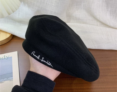 黑色毛呢刺绣贝雷帽女日系秋冬平顶英伦复古画...