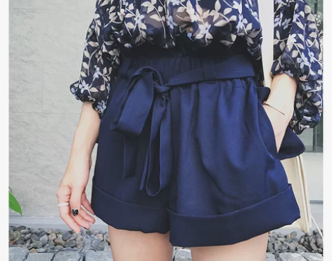 韩版宽松系带卷边休闲短裤女夏2017新款高...