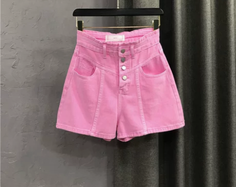 粉色牛仔短裤2021新款夏装洋气高腰阔腿裤...