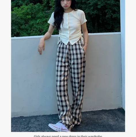 格子裤女宽松直筒显瘦百搭ins馨帮帮休闲阔...